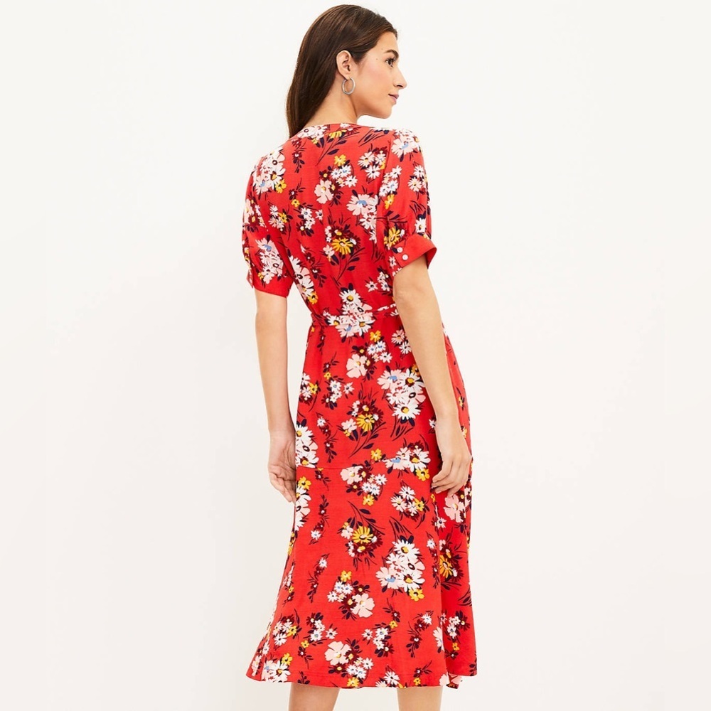 LOFT Floral Puff Sleeve Midi Dress in Roast Red Tomato Sz. 4 - Picture 2 of 6
